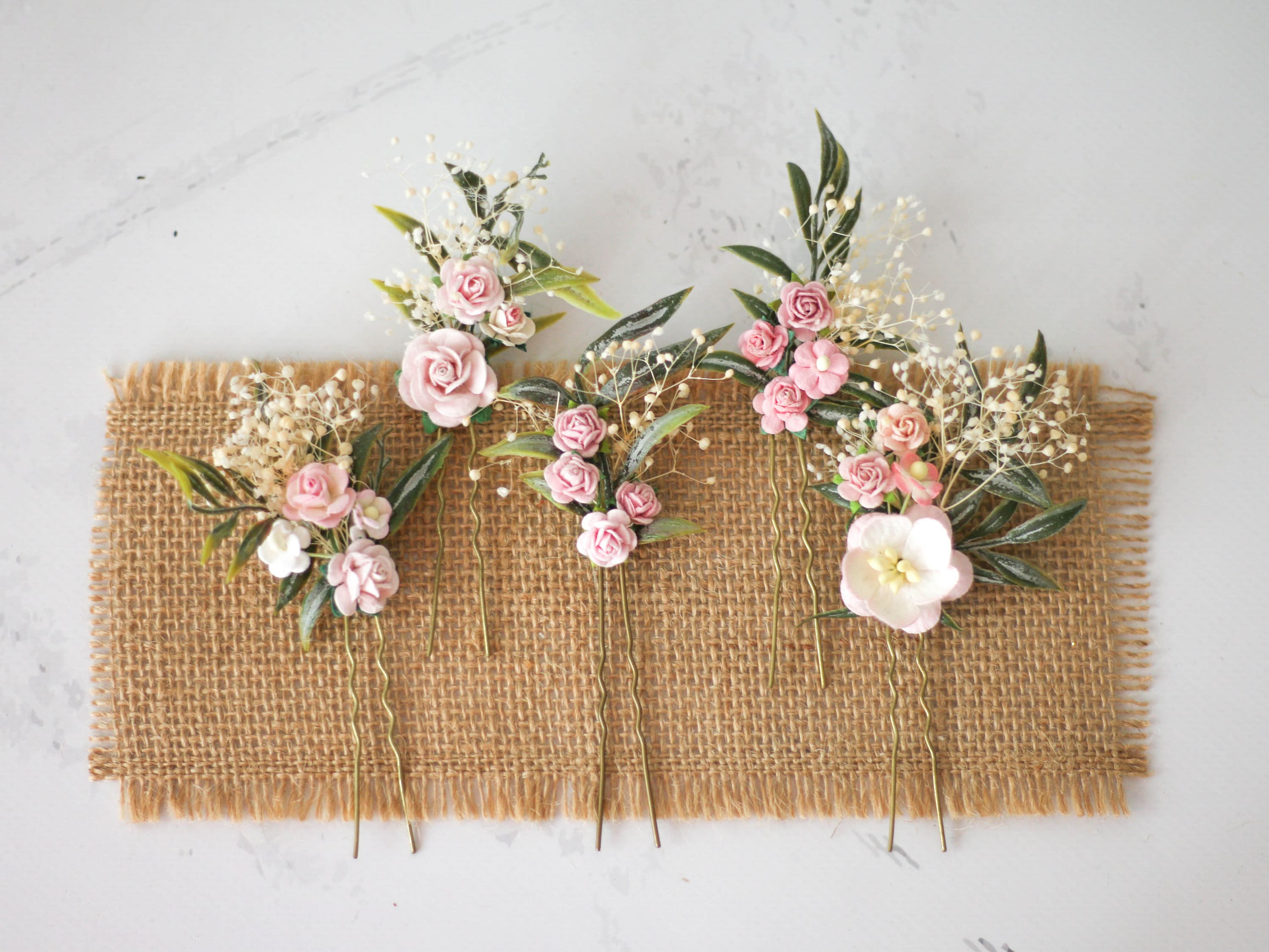 LolaWhiteShop Pink Blush Flower Pins, Wedding Hair Pins, Flower Hair Clip, Bridal Hair Pins for Bride or Bridesmaid, Baby's Breath Hair Comb