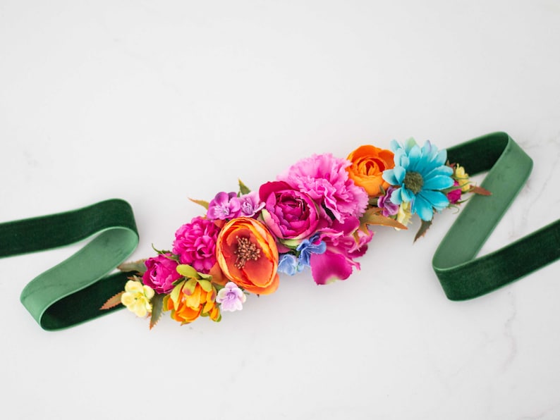 Colorful flower belt for dress, vibrant color flower belt for gown, velvet sash for baby shower, belt for pregnancy, bride bridesmaid sash image 8