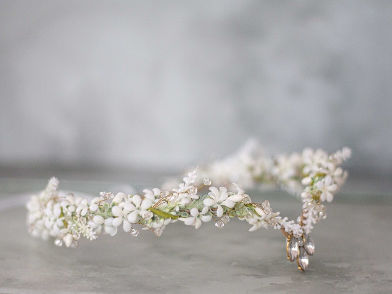 Elven tiara, white flower crown, fairy costume, wedding floral headband, crystal elven circlet, elf headpiece, flower girl halo diadem image 2