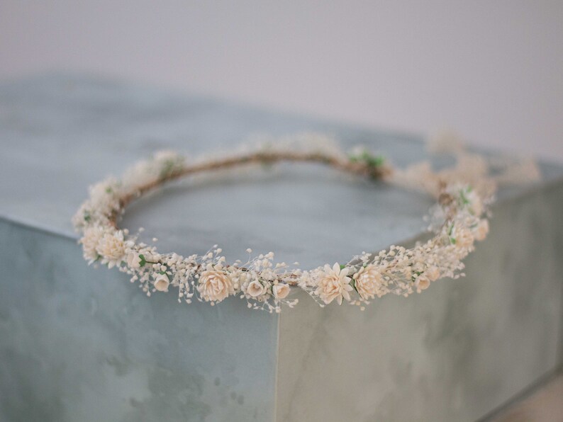 Dried baby's breath flower crown wedding, ivory hair wreath, babies breath headband, dainty hair piece, bride bridesmaids flower girl halo image 4