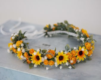 Sunflower flower crown, yellow flower headband with sunflowers, boho wedding party, destination wedding