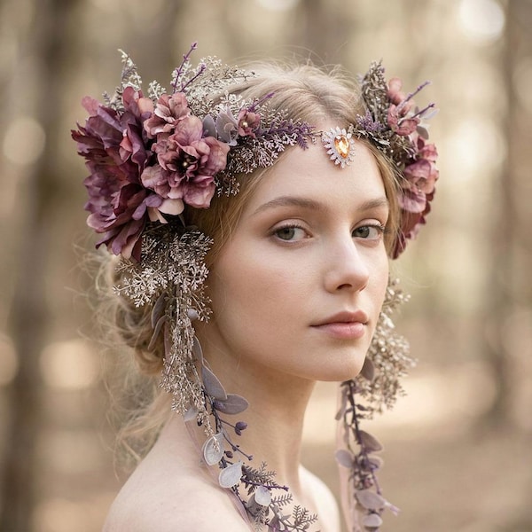 Whimsical Fairy Flower Crown: Mauve Elf Headpiece for Fantasy Wedding