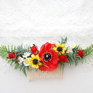 Poppy flower comb for wedding, colorful bridal comb, meadow flower hair comb, wild floral headpiece