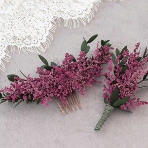 Purple flower hair comb and boutonniere, fuchsia hair comb, fall floral comb wedding, dried flower hair comb, autumn bridal comb