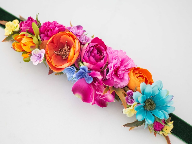 Colorful flower belt for dress, vibrant color flower belt for gown, velvet sash for baby shower, belt for pregnancy, bride bridesmaid sash image 3