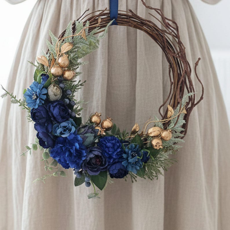 Royal Blue & Gold Flower Wreath for Front Door: Romantic Floral Decor