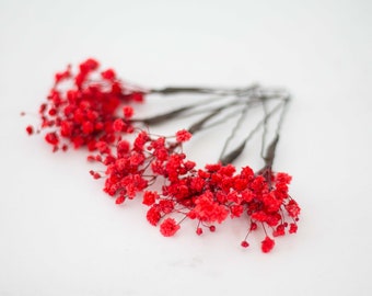 Red dried flower hairpins, baby's breath hair piece, dried baby breath hairpins, preserved floral bobby pins, maid of honor hair accessory