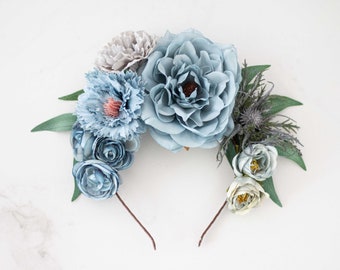 Dusty blue flower headband for wedding, peony floral crown for bride or bridesmaids, flower girl headpiece, blue thistle flower headband