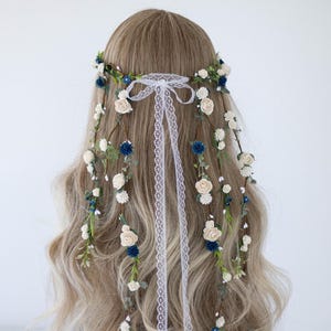 White Navy Blue Flower Crown: Rustic Wedding Hair Vine