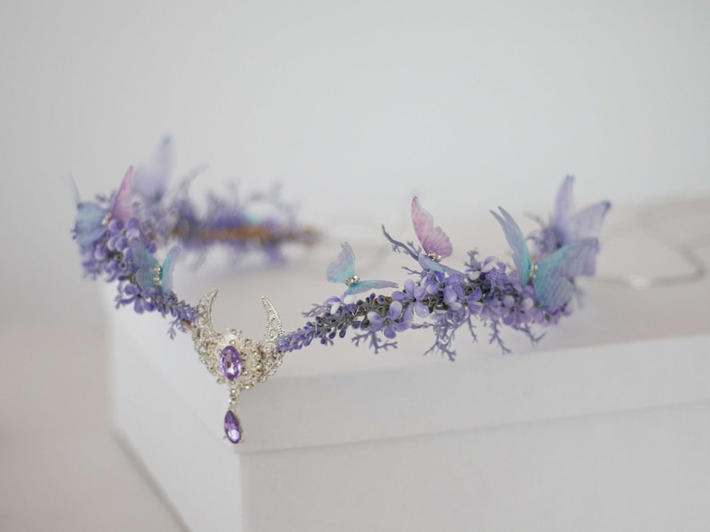 Moon tiara, butterfly flower crown, crescent moon headband, purple elven circlet, dainty flower halo, fairy headress costume, witch crown image 6