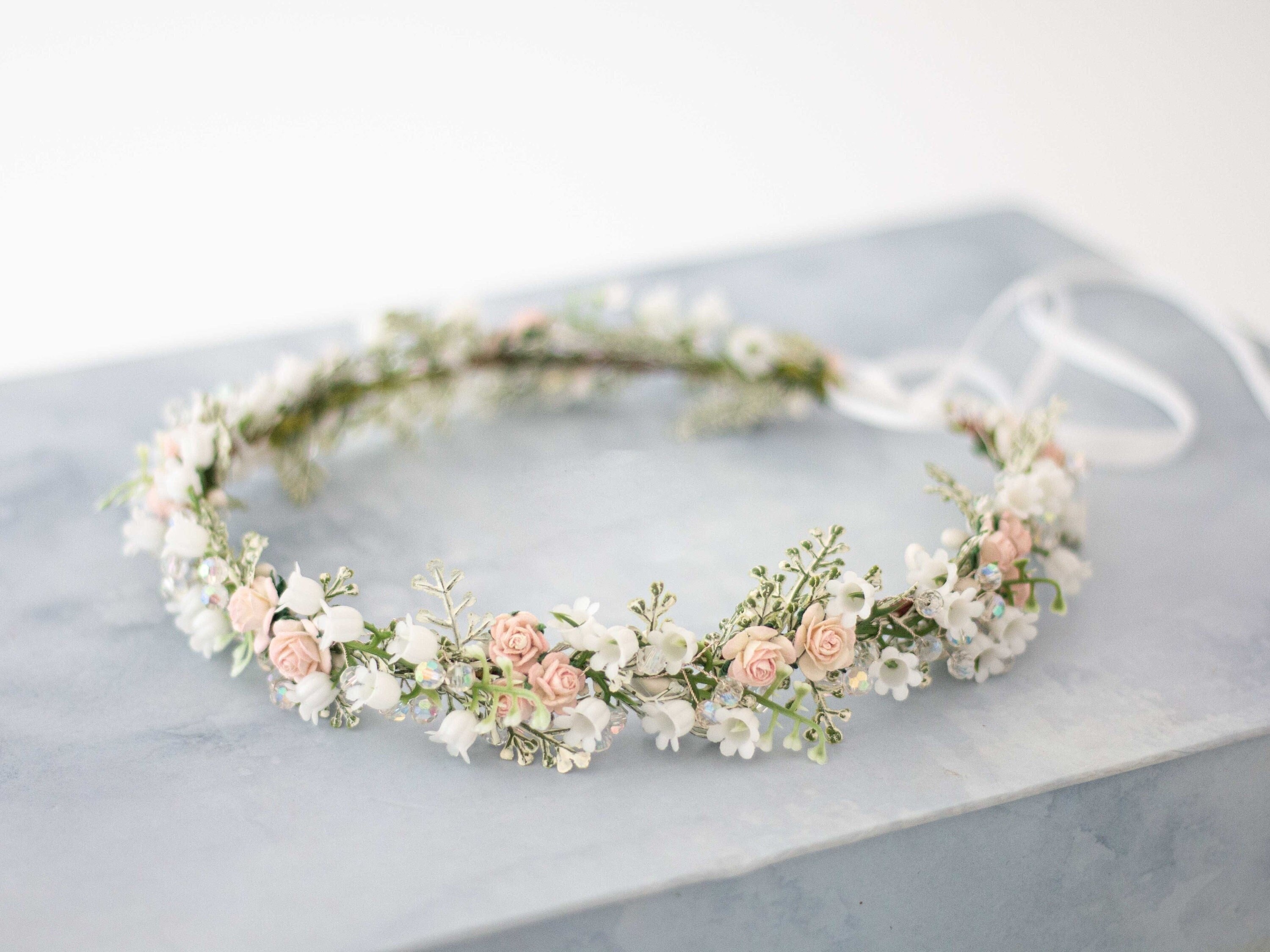 Couronne Fleur Cheveux Enfant Mariée - Serre-Tête Floral Blanc Princesse Avec Perles Et Ruban