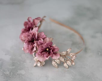 Dusty Rose Gold Flower Headband: Bridal Hairpiece Fascinator