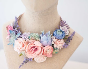 Pale pink purple flower necklace, boho statement necklace, pastel floral jewelry, big flowerl bib necklace, romantic wedding party