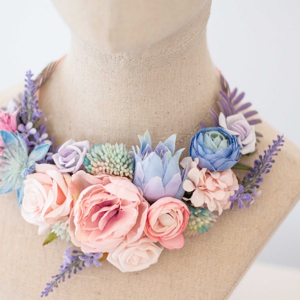 Pale pink purple flower necklace, boho statement necklace, pastel floral jewelry, big flowerl bib necklace, romantic wedding party