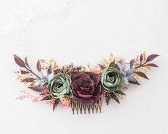 Dark flower comb for wedding, burgundy bridal comb, long flower hair comb, rustic floral headpiece, boho wedding bridal comb