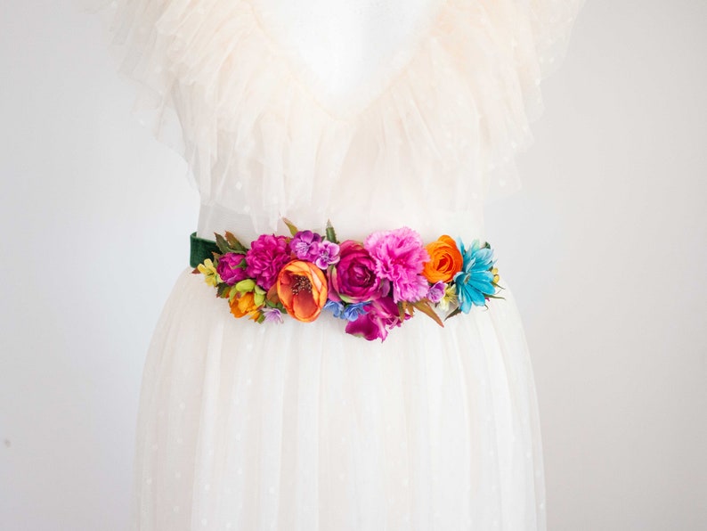 Colorful flower belt for dress, vibrant color flower belt for gown, velvet sash for baby shower, belt for pregnancy, bride bridesmaid sash image 6