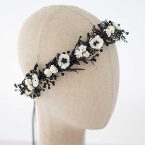 Black white flower crown wedding, dainty flower headband, dark hair crown headpiece, gothic goth wedding hairband, woman bridesmaid halo image 4