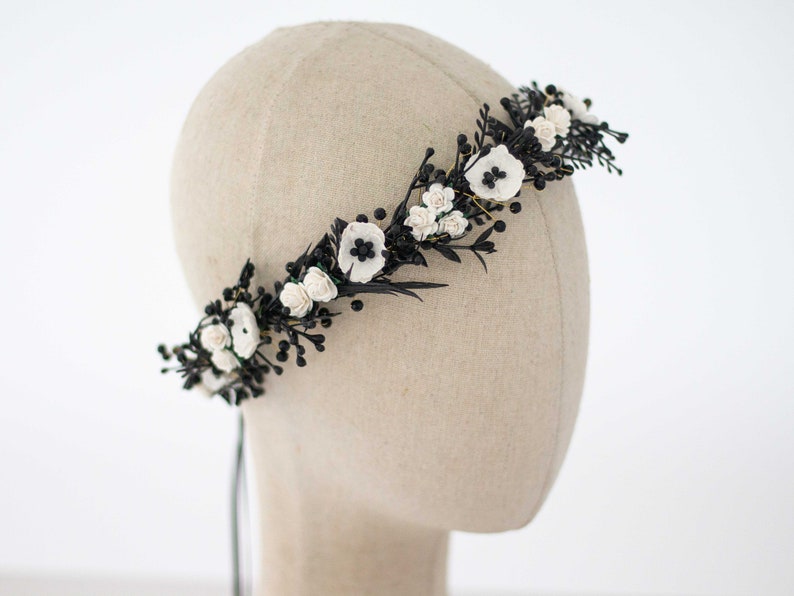 Black white flower crown wedding, dainty flower headband, dark hair crown headpiece, gothic goth wedding hairband, woman bridesmaid halo image 4