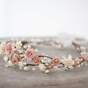 Dusty rose flower crown wedding, crystal hair wreath, dainty flower headband, bride bridesmaid flower girl halo, fine floral headpiece image 10