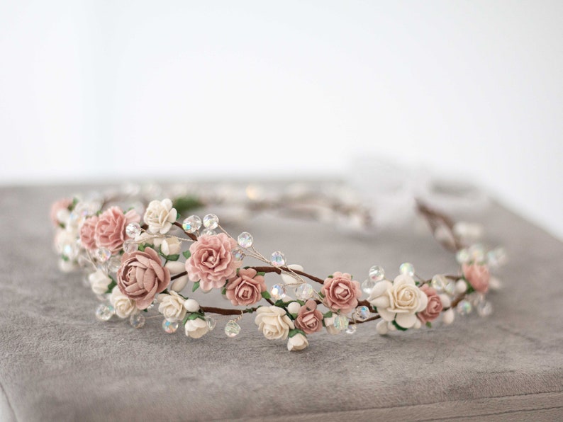 Dusty rose flower crown wedding, crystal hair wreath, dainty flower headband, bride bridesmaid flower girl halo, fine floral headpiece image 10