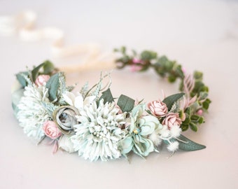 Mint flower crown wedding, boho crown, dusty rose green hair wreath, bridal rustic crown, bohemian floral crown, flower girl halo