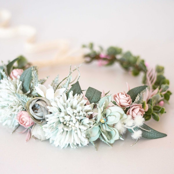 Mint flower crown wedding, boho crown, dusty rose green hair wreath, bridal rustic crown, bohemian floral crown, flower girl halo