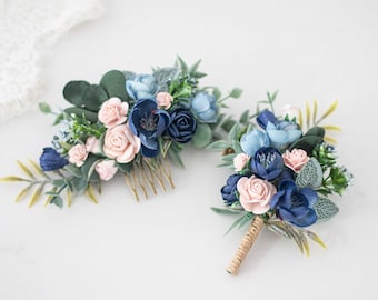 Navy blue blush flower comb for wedding, pale pink blue bridal comb, boutonniere and comb set, rustic floral headpiece, boho floral comb