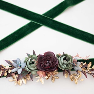 Velvet Flower Belt: Dark Green & Burgundy Wedding Dress Sash