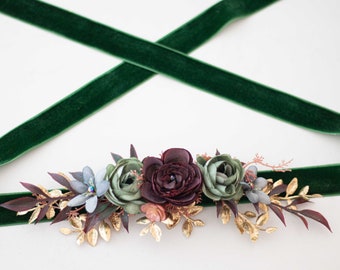 Flower belt for wedding dress, velvet flower belt for baby shower, dark green flower belt for pregnancy, gold burgundy flower girl belt