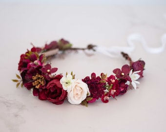 Burgundy peach flower crown, boho hair wreath, deep red floral headband, flower girl halo headpiece, bridesmaid bride hair accessories