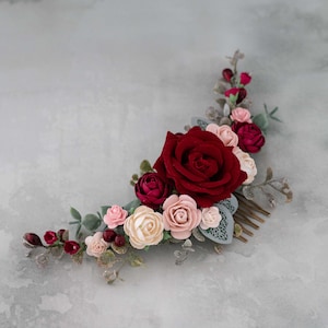 Burgundy rose hair comb for wedding, deep red blush bridal comb, burgundy pale pink flower hair comb, rustic floral headpiece