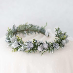 Winter flower crown, green silver headpiece, wedding holiday hair accessories, snowy hair crown, christmas photo props, flower girl halo