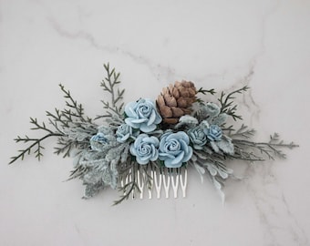Pale blue flower haircomb, winter wedding floral hair comb, pine cone hair clip, frosted flower hair comb, rustic hairpiece, bride hairclip