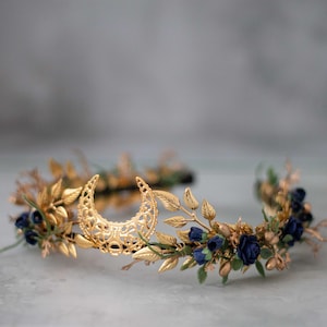 Gold Leaf Moon Tiara: Celestial Party Headband, Crescent Hairband