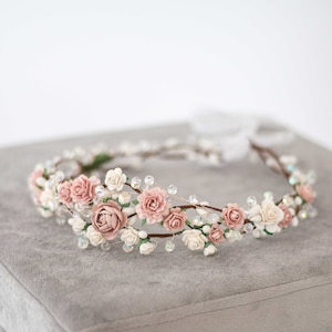 Dusty rose flower crown wedding, crystal hair wreath, dainty flower headband, bride bridesmaid flower girl halo, fine floral headpiece image 7