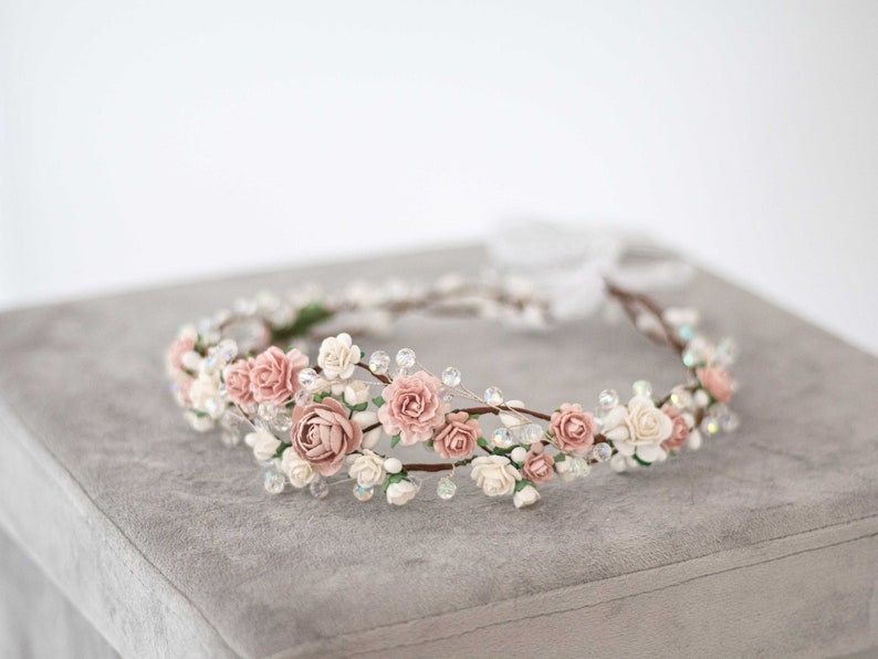 Dusty rose flower crown wedding, crystal hair wreath, dainty flower headband, bride bridesmaid flower girl halo, fine floral headpiece image 7