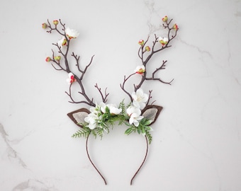 Deer antler headband with flowers, antlers with ears, faun costume headband, adult child deer floral headband, spring photo props