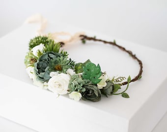 Greenery flower crown wedding, green white flower hairpiece, boho flower headband, bride bridesmaid headpiece, bohemian flower headdress