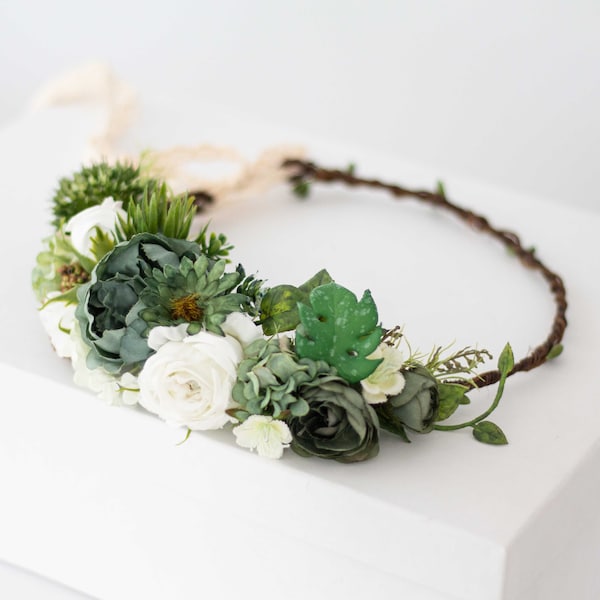 Greenery flower crown wedding, green white flower hairpiece, boho flower headband, bride bridesmaid headpiece, bohemian flower headdress