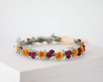 Sunflower flower garland wedding, sunflower flower crown headpiece, burgundy hair wreath, bride bridesmaid flower girl halo headband