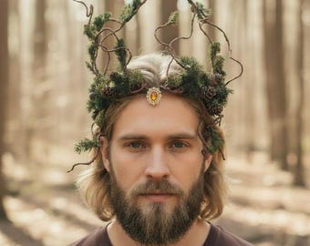 Forest Elven King Crown: Natural Dried Leaf & Pinecone Headpiece, Twig Headband