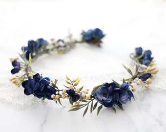 Navy blue flower crown wedding, dark hair wreath, boho bride crown, bridal rustic crown, woodland floral crown, navy flower girl halo