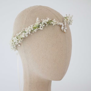 Elven tiara, white flower crown, fairy costume, wedding floral headband, crystal elven circlet, elf headpiece, flower girl halo diadem image 4
