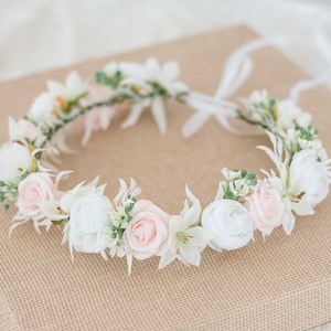 Blush white flower crown wedding, boho hair wreath, bride hair wreath, rustic flower headband, bohemian flower halo for girls bridesmaids