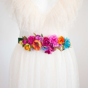 Colorful flower belt for dress, vibrant color flower belt for gown, velvet sash for baby shower, belt for pregnancy, bride bridesmaid sash image 2