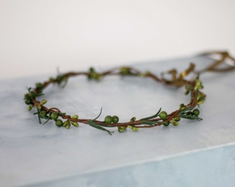 Olive branch hair wreath, dainty flower crown wedding, greenery head piece, green floral headband, woodland wedding crown, flower girl halo