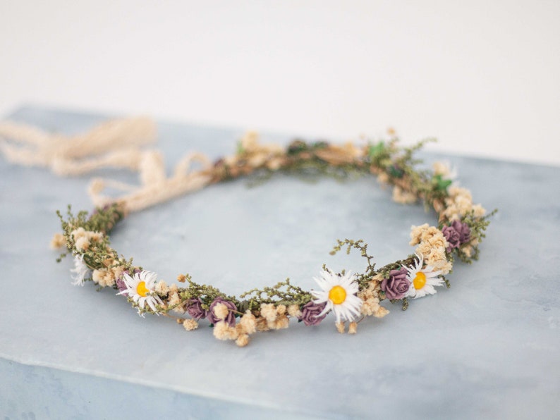Meadow flower crown, dried flower crown for wedding, daisy floral crown, wildflower headband, dainty flower headband, flower girl halo image 5