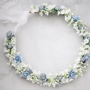 Dusty blue flower crown wedding, serenity flower crown bridal shower, flower girl halo, maternity shoot props, bridal flower wreath image 4