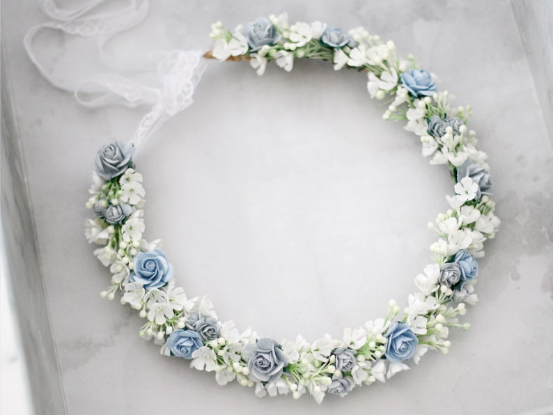 Dusty blue flower crown wedding, serenity flower crown bridal shower, flower girl halo, maternity shoot props, bridal flower wreath image 4