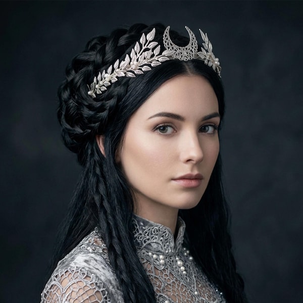Silver Leaf & Crescent Moon Tiara: Elven Headband for Fantasy Wedding